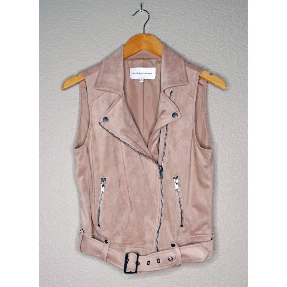 Cupcakes and Cashmere x Revolve Tan Faux Suede Moto Vest Sz Small Vegan
